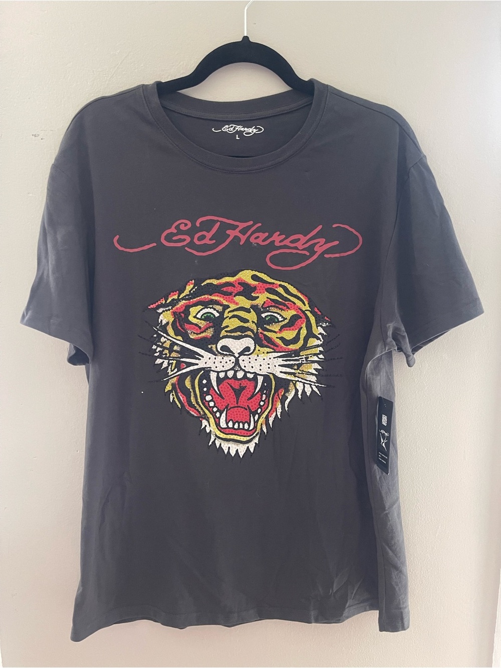 Ed Hardy Black Short-Sleeve Tiger Graphic Tee with Red Logo